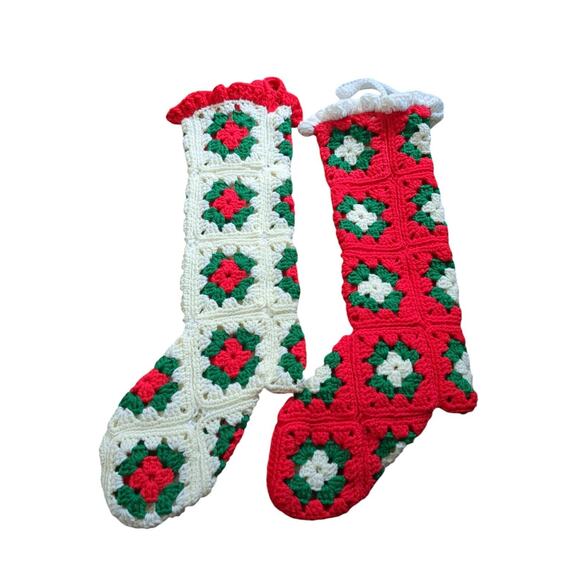 Vintage Granny Square Christmas Stocking Set Of 2 Hand Crochet Neutral Red 24" - Picture 2 of 5